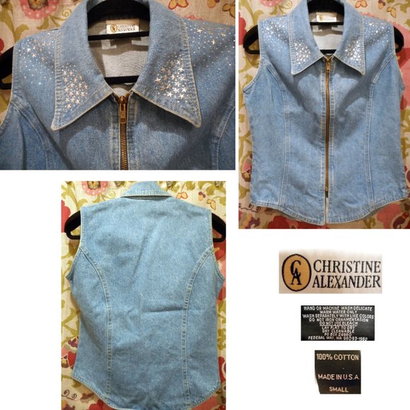 CHRISTINE ALEXANDER Blue Denim Vest w/Stars & Crystals! S - Picture 2 of 2